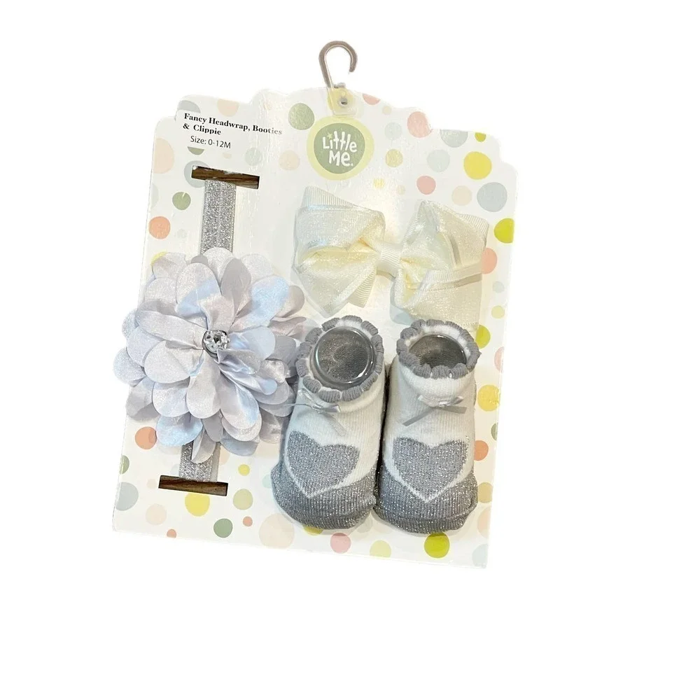 NEW Little Me Fancy Headwrap, Booties & Bow Clippie Gift Set Gray 0-12 Months